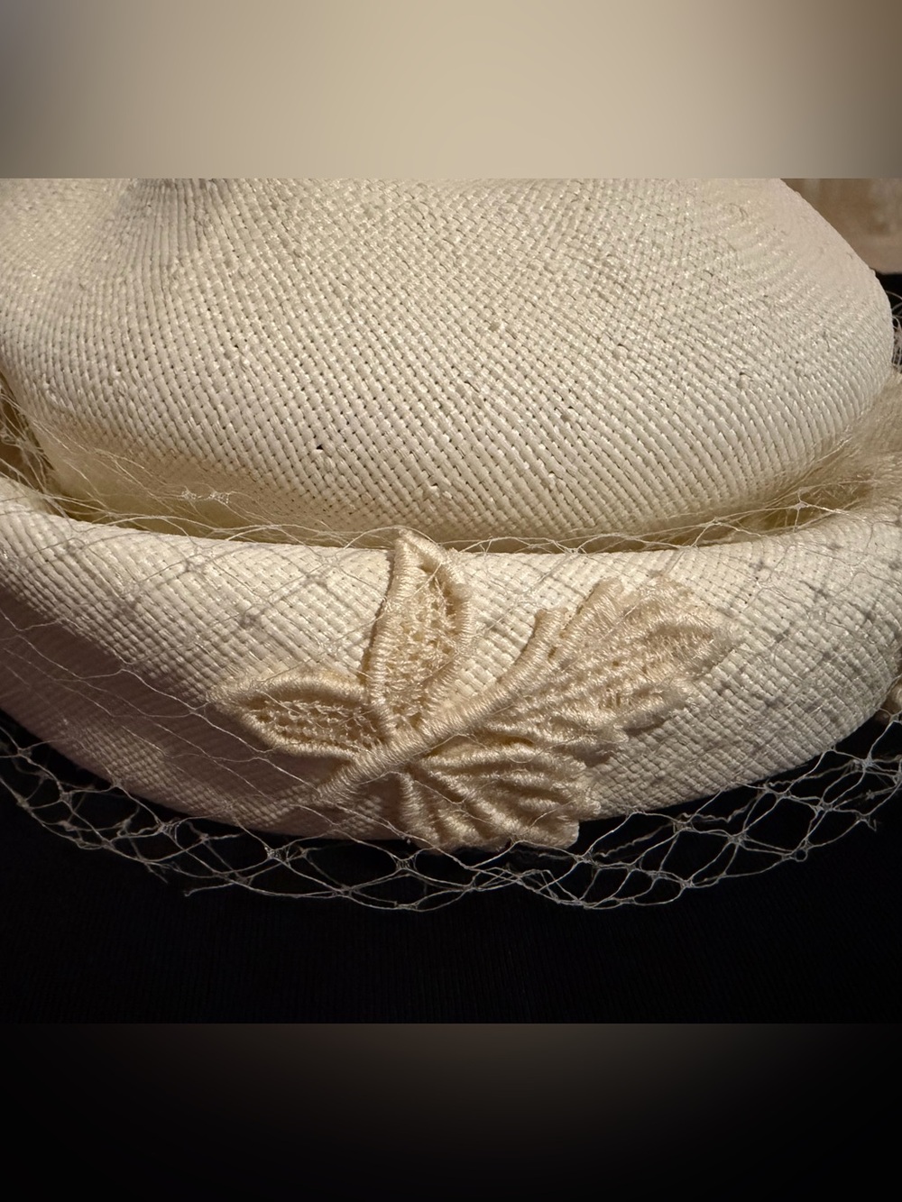 Vintage Cream Pillbox Hat with Leaf Applique